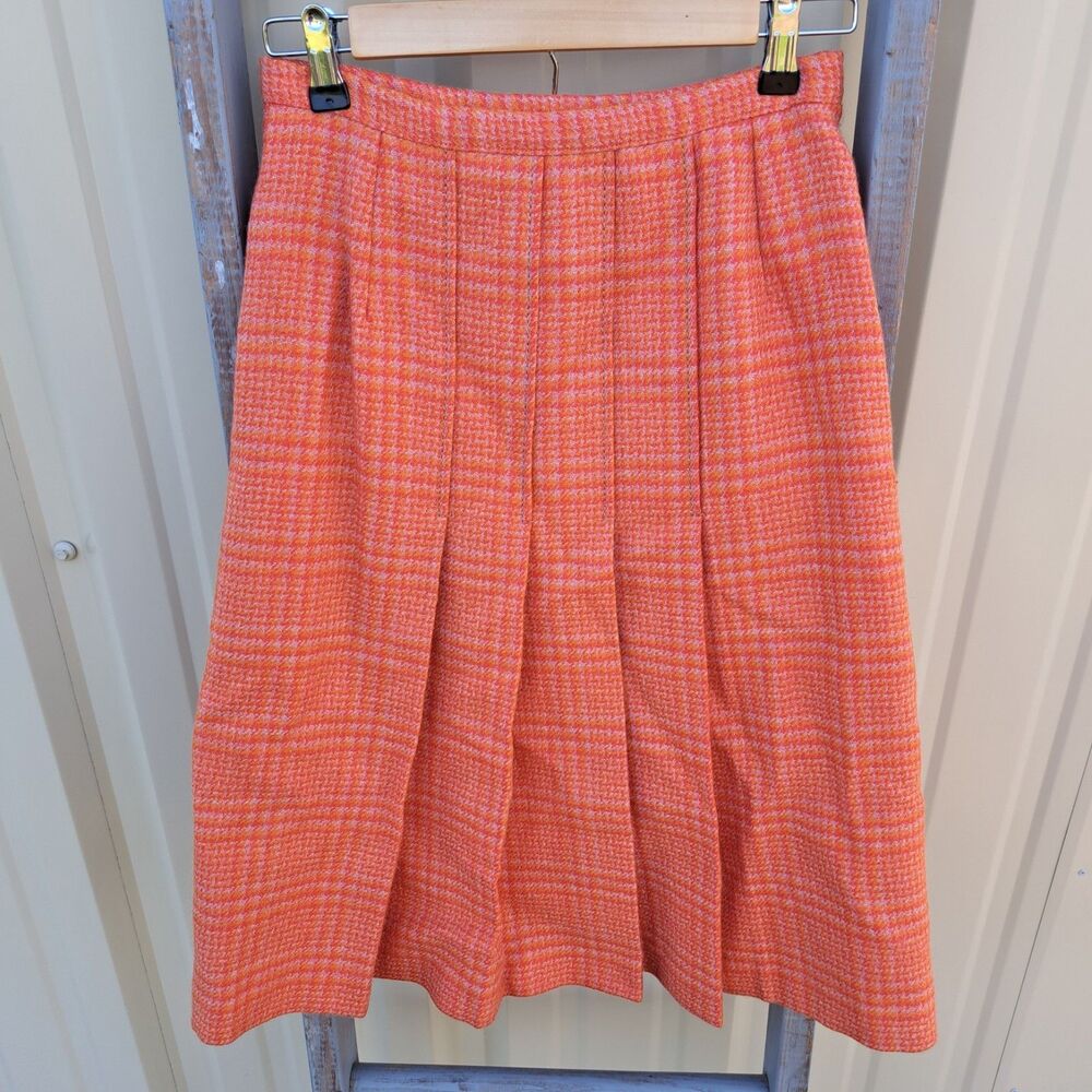 Vintage Wool Pleated Orange Preppy School Girl Skirt Size 0/2 XS 1950's 60's